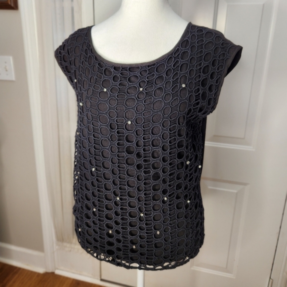 Ann Taylor Black Eyelet‎ Knit Top with "Rhinestones"  Size Small